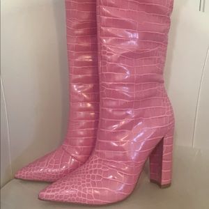 Snakeskin print knee high boots